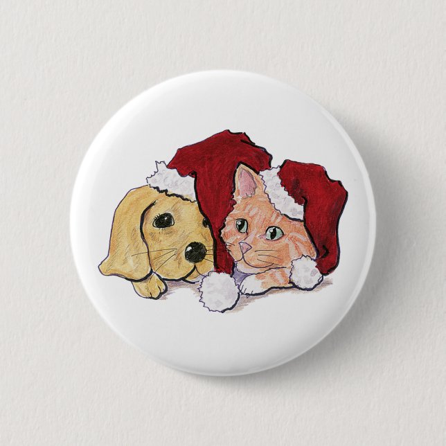 Niedliche Weihnachtsleder Welpe und Orange Tabby Button (Vorderseite)