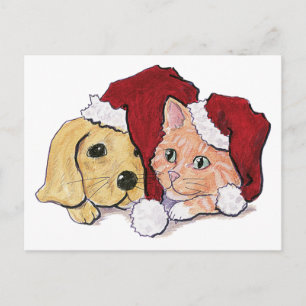 Niedliche Weihnachtsleder Welpe und Orange Tabby Feiertagspostkarte