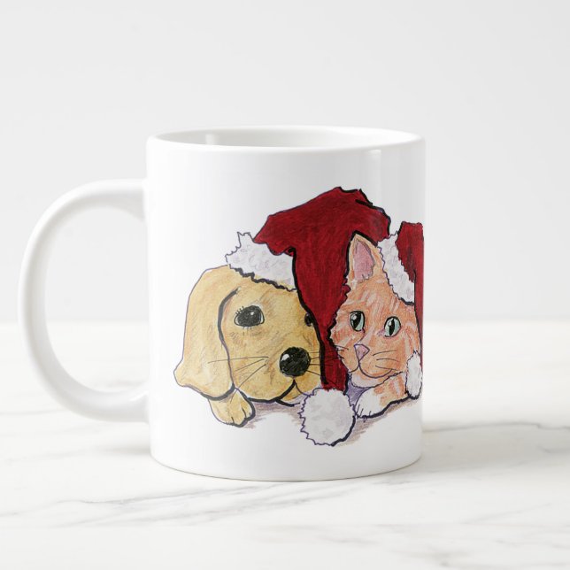 Niedliche Weihnachtsleder Welpe und Orange Tabby Jumbo-Tasse (Links)