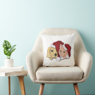 Niedliche Weihnachtsleder Welpe und Orange Tabby Kissen