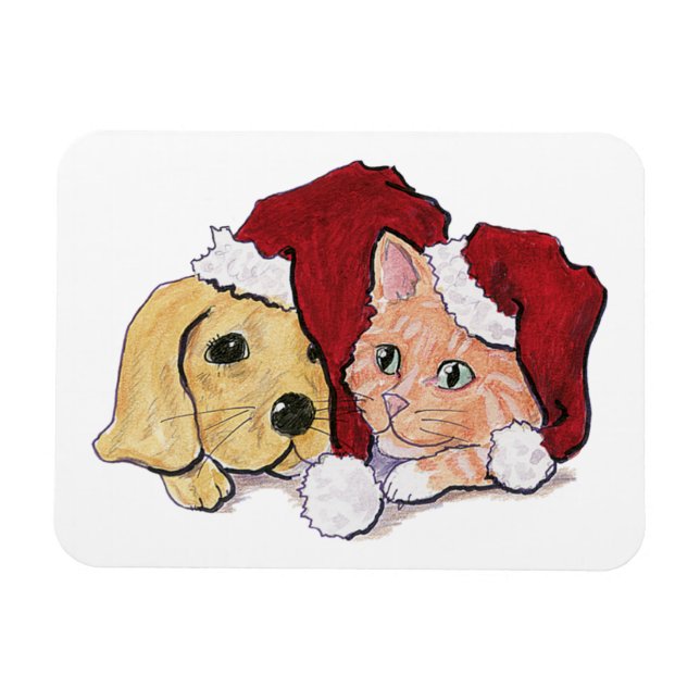 Niedliche Weihnachtsleder Welpe und Orange Tabby Magnet (Horizontal)