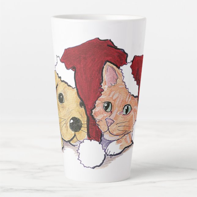 Niedliche Weihnachtsleder Welpe und Orange Tabby Milchtasse (Vorderseite)