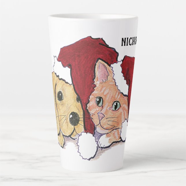 Niedliche Weihnachtsleder Welpe und Orange Tabby Milchtasse (Vorderseite)