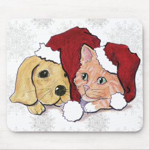 Niedliche Weihnachtsleder Welpe und Orange Tabby Mousepad