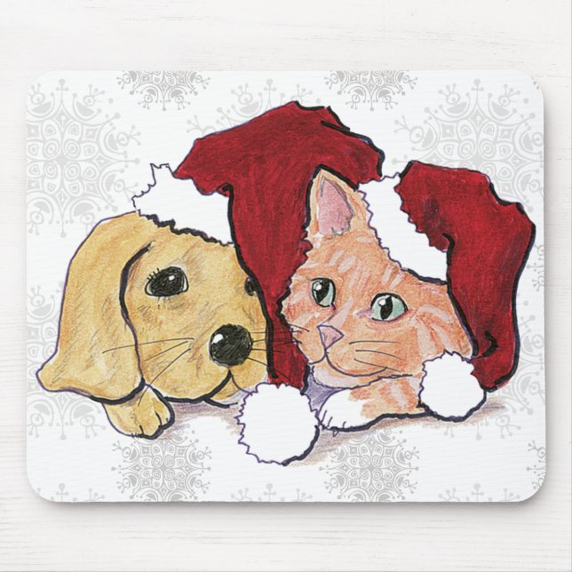 Niedliche Weihnachtsleder Welpe und Orange Tabby Mousepad (Vorne)