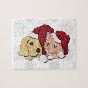 Niedliche Weihnachtsleder Welpe und Orange Tabby Puzzle