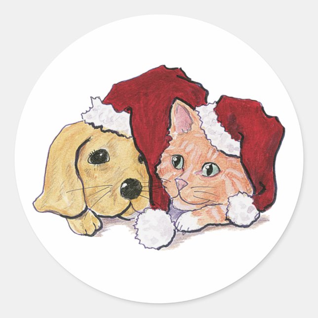 Niedliche Weihnachtsleder Welpe und Orange Tabby Runder Aufkleber (Vorderseite)