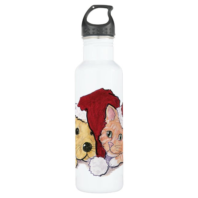 Niedliche Weihnachtsleder Welpe und Orange Tabby Trinkflasche (Vorderseite)