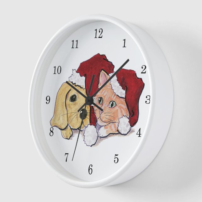 Niedliche Weihnachtsleder Welpe und Orange Tabby Wanduhr (Winkel)