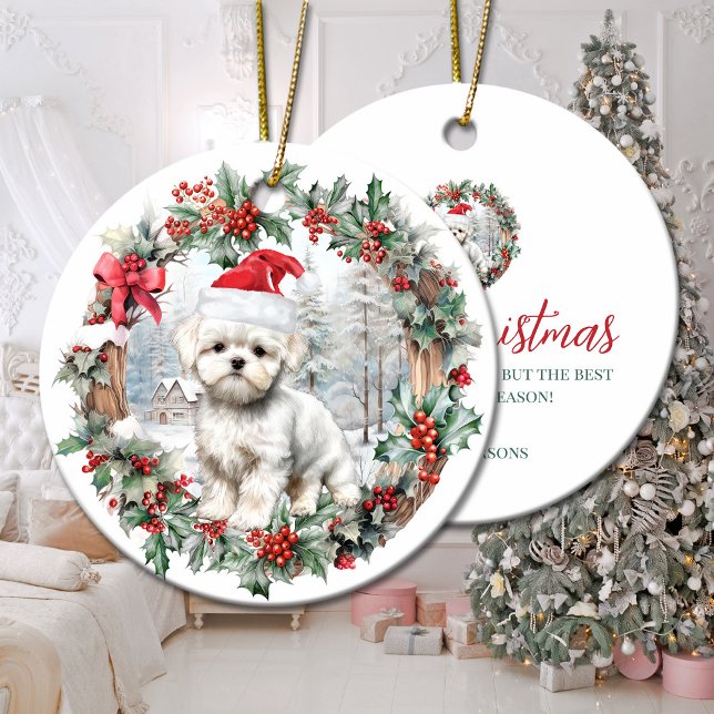 Niedliche Weihnachtsmalti Hundewelpen Weihnachtsma Keramik Ornament (Cute Christmas maltese dog puppy Santa hat Ceramic Ornament)