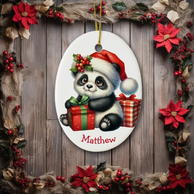 Niedliche Weihnachtsmannmütze Baby Panda Bären Wei Keramik Ornament (Von Creator hochgeladen)