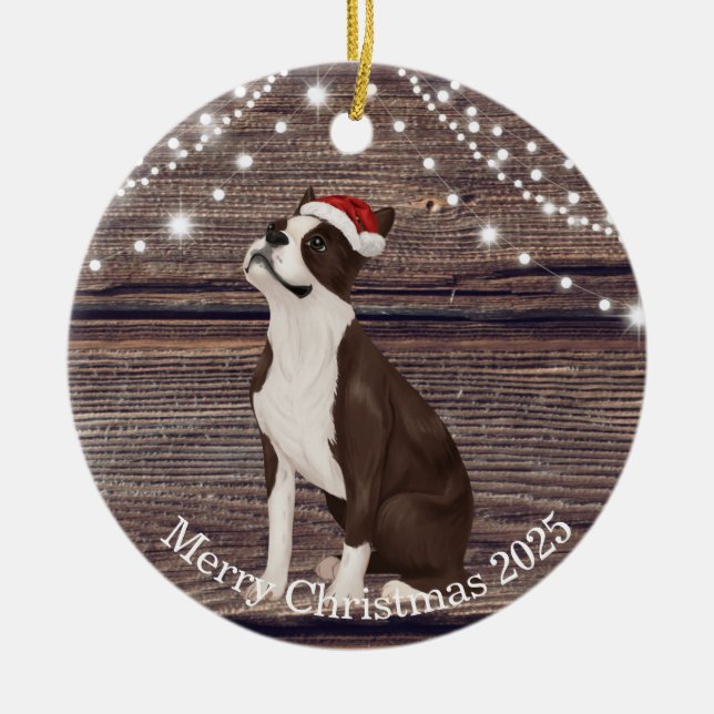 Niedliche Weihnachtsmannmütze Boston Terrier Weihn Keramik Ornament (Vorne)