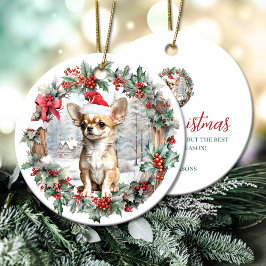 Niedliche Weihnachtsmannmütze Chihuahua Hundewelpe Keramik Ornament