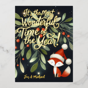 Niedliche Weihnachtsmannmütze Fox unter Mistletoe Folie Einladungspostkarte