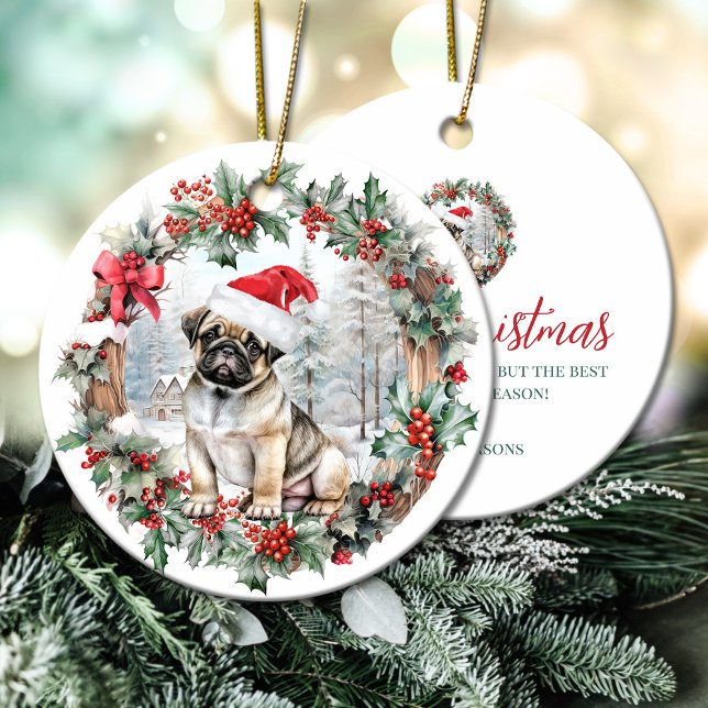 Niedliche Weihnachtsmannmütze für einen Hund zu We Keramik Ornament (Cute Christmas pug dog puppy Santa hat Ceramic Ornament)