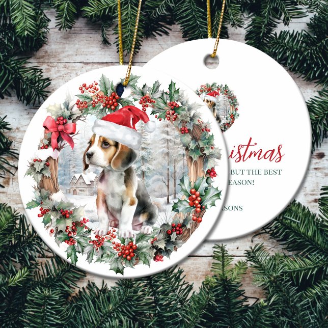 Niedliche Weihnachtsmannmütze für einen Hund zu We Keramik Ornament (Cute Christmas beagle dog puppy Santa hat Ceramic Ornament)