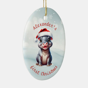 Niedliche Weihnachtsmannmütze Hippopotamus Erster  Keramik Ornament