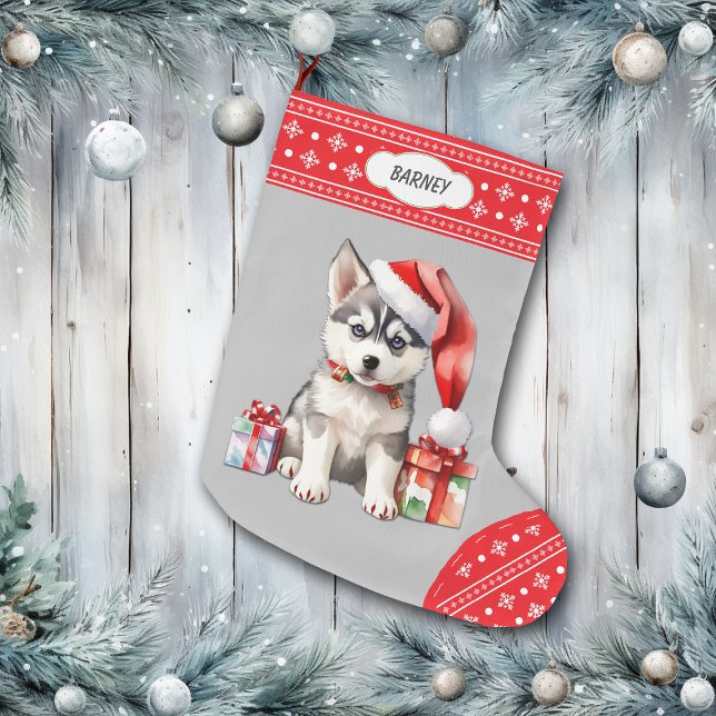 Niedliche Weihnachtsmannmütze Husky Welpe Snowflak Großer Weihnachtsstrumpf (Von Creator hochgeladen)