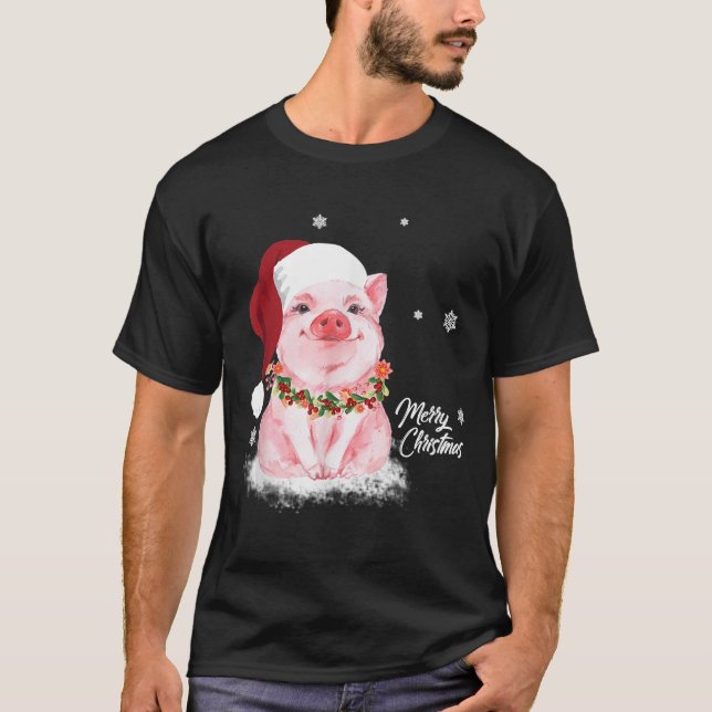 Niedliche Weihnachtsmannmütze Schweinefleisch Froh T-Shirt (Vorderseite)