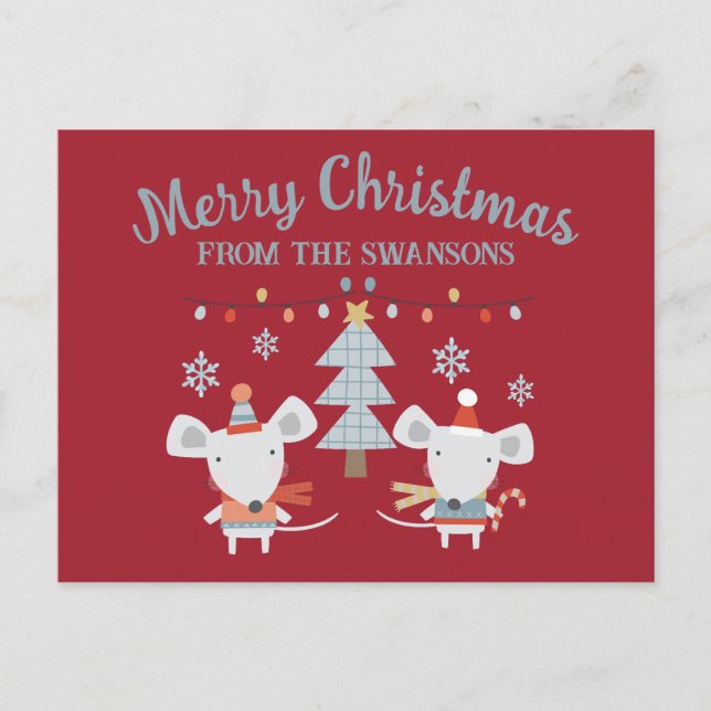 Niedliche Weihnachtsmäuse und Baum auf Burgund Rot Postkarte (Vorderseite)