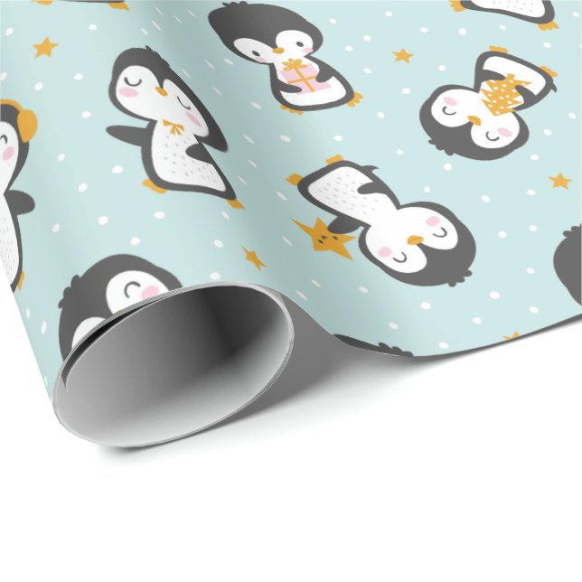 Niedliche Weihnachtspinguine auf blauem Wrapping P Geschenkpapier (Rolleneckpunkt)