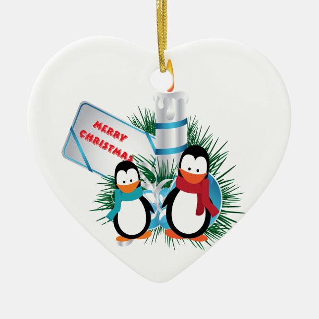 Niedliche Weihnachtspinguine und Candle-Ziergegens Keramik Ornament (Vorne)