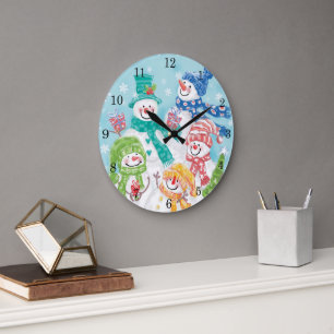 Niedliche Weihnachtsschneefamilie im Schnee Große Wanduhr