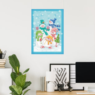 Niedliche Weihnachtsschneefamilie im Schnee Poster