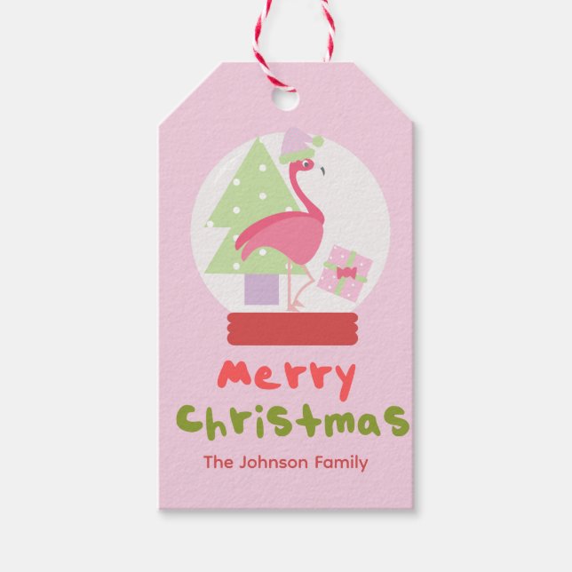 Niedliche Weihnachtsschneeglobe Flamingo Pink Fami Geschenkanhänger (Vorderseite)