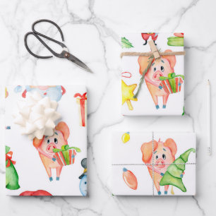 Niedliche Weihnachtsschweine Geschenkpapier Set
