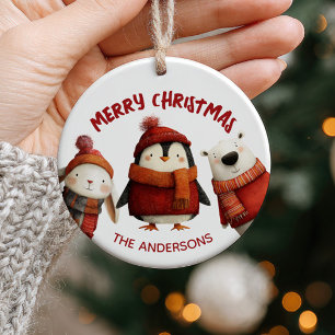 Niedliche Weihnachtstiere frohe Weihnachtsfamilie Keramik Ornament