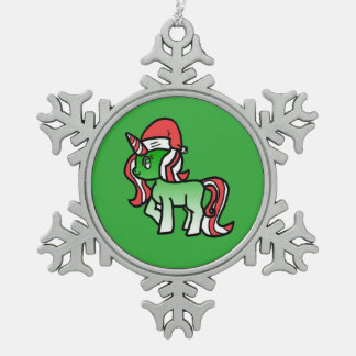 Niedliche Weihnachtsunicorn-Verzierung - grüner Schneeflocken Zinn-Ornament