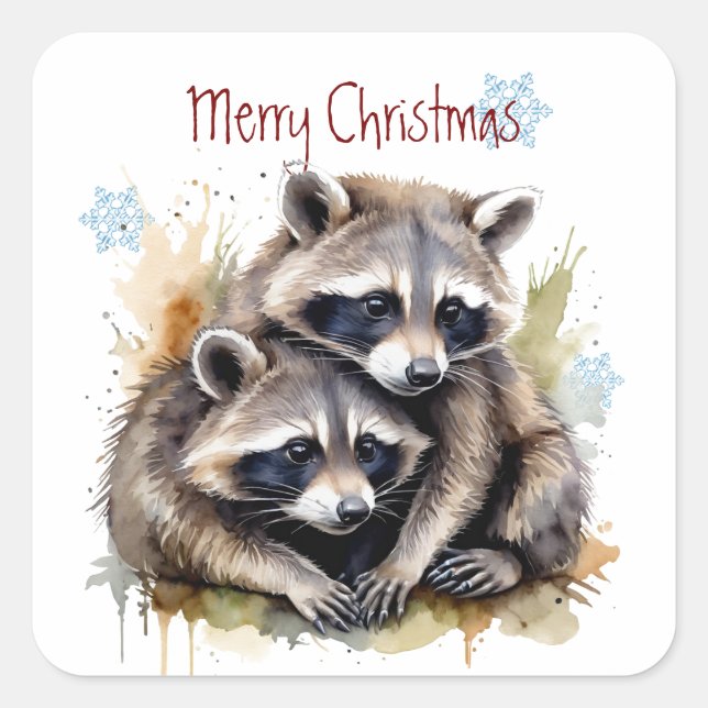 Niedliche Weihnachtswasserbäder Raccos Wildlife Quadratischer Aufkleber (Vorderseite)