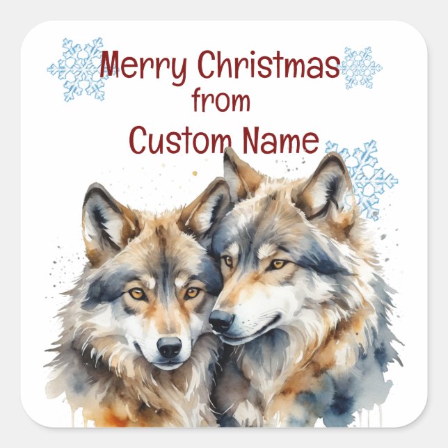 Niedliche Weihnachtswölfe Couple Animal Customizin Quadratischer Aufkleber (Vorderseite)
