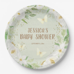 Niedliche weiße Blume Grüne Backyard Babydusche Pappteller