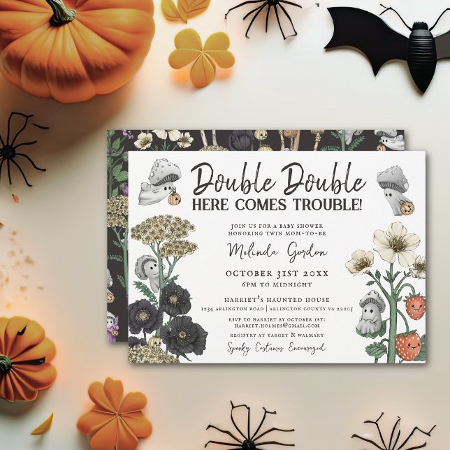 Niedliche weiße Blumenzwiebeln Halloween-Kinderdus Einladung (Twins Halloween baby shower invitations)