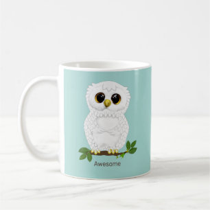 Niedliche weiße Eule und Lorbeerblätter auf Türkis Kaffeetasse