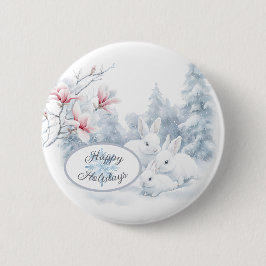 Niedliche weiße Kaninchen im Winterschnee Button