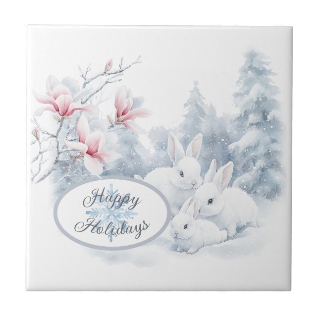 Niedliche weiße Kaninchen im Winterschnee Fliese (Vorderseite)