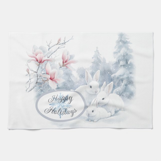 Niedliche weiße Kaninchen im Winterschnee Geschirrtuch (Horizontal)