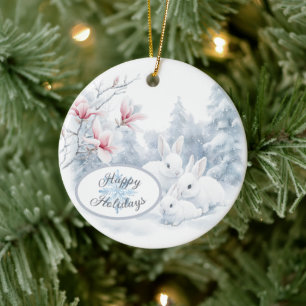 Niedliche weiße Kaninchen im Winterschnee Keramik Ornament