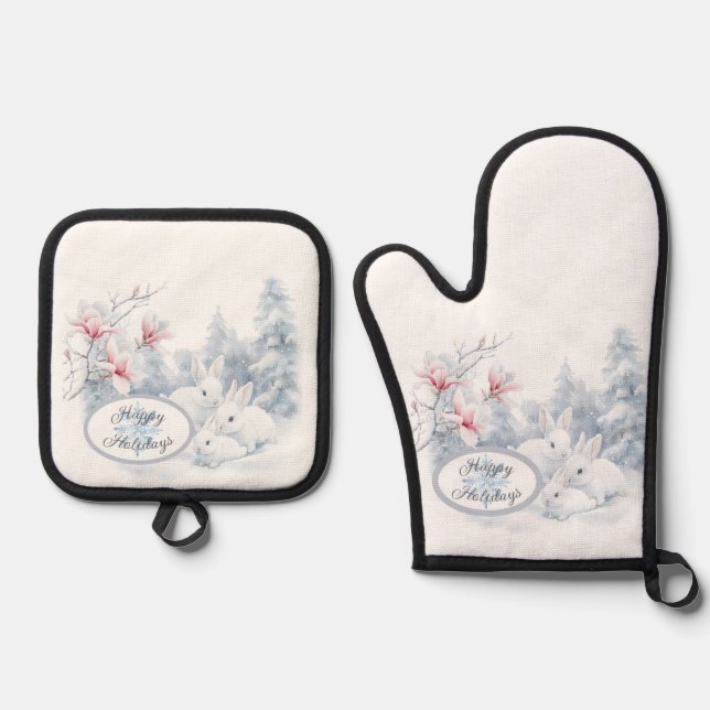 Niedliche weiße Kaninchen im Winterschnee Ofenhandschuh & Topflappen-Set (Vorderseite)