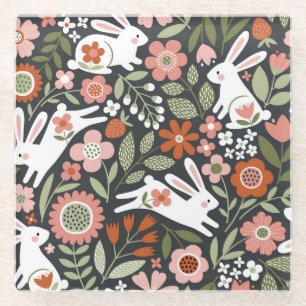 Niedliche, weiße Kaninchen, Vintages Blumenmuster. Glasuntersetzer