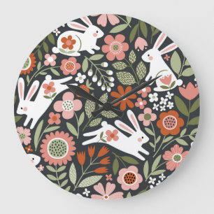 Niedliche, weiße Kaninchen, Vintages Blumenmuster. Große Wanduhr