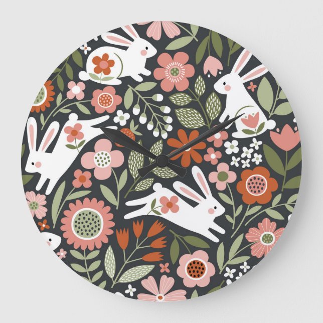 Niedliche, weiße Kaninchen, Vintages Blumenmuster. Große Wanduhr (Vorderseite)