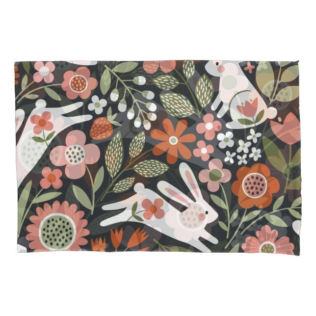 Niedliche, weiße Kaninchen, Vintages Blumenmuster. Kissenbezug (Vorderseite)