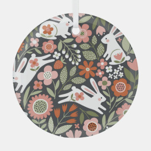 Niedliche, weiße Kaninchen, Vintages Blumenmuster. Ornament Aus Glas