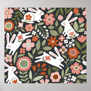 Niedliche, weiße Kaninchen, Vintages Blumenmuster. Poster