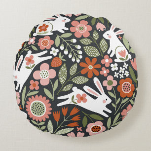 Niedliche, weiße Kaninchen, Vintages Blumenmuster. Rundes Kissen
