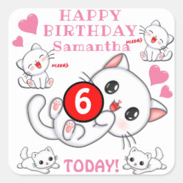 Niedliche weiße Kätzchen Name und Alter Kind Gebur Quadratischer Aufkleber